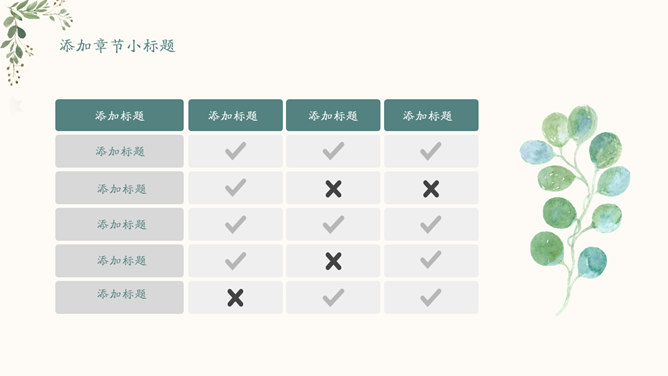 淡雅文艺绿色森系绿叶PPT模板